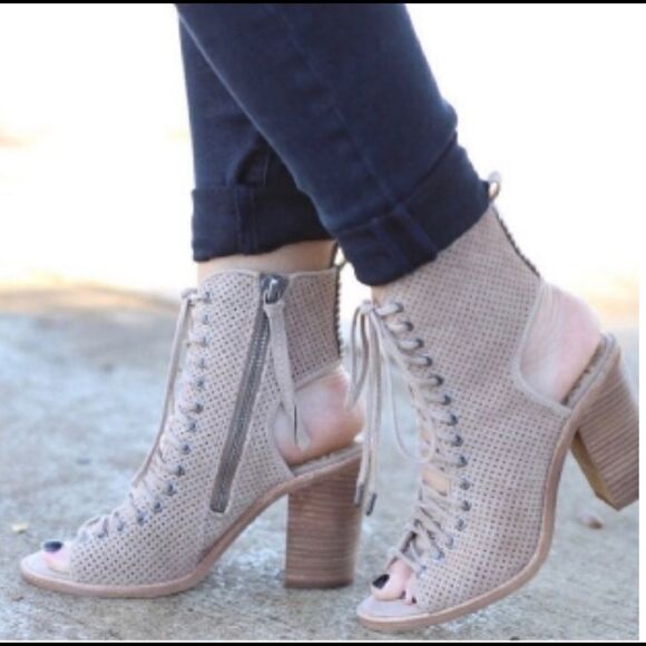 Dolce Vita Lira Lace-Up Laser Cut Peep Toe Suede Leather Ankle Booties - Picture 2 of 11